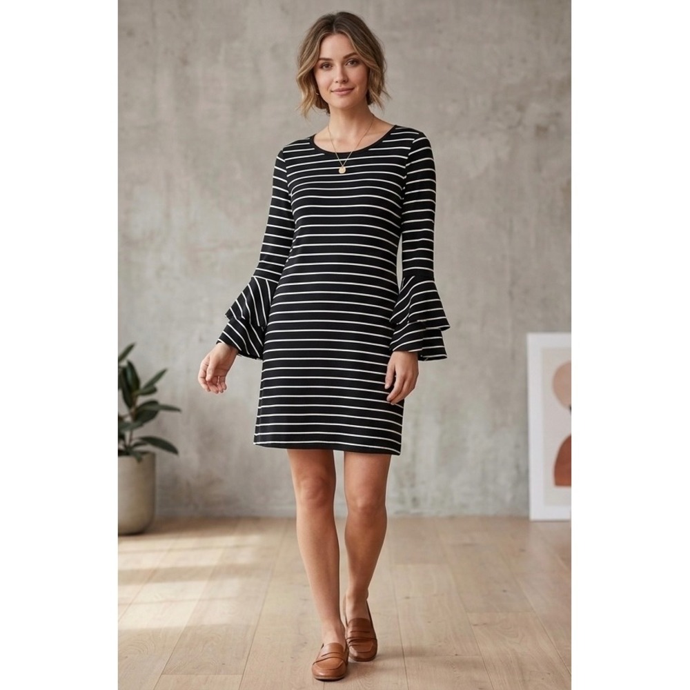 Sundry Striped Ruffle Bell Sleeve Shift Dress Size 3 Large Black Cotton Blend